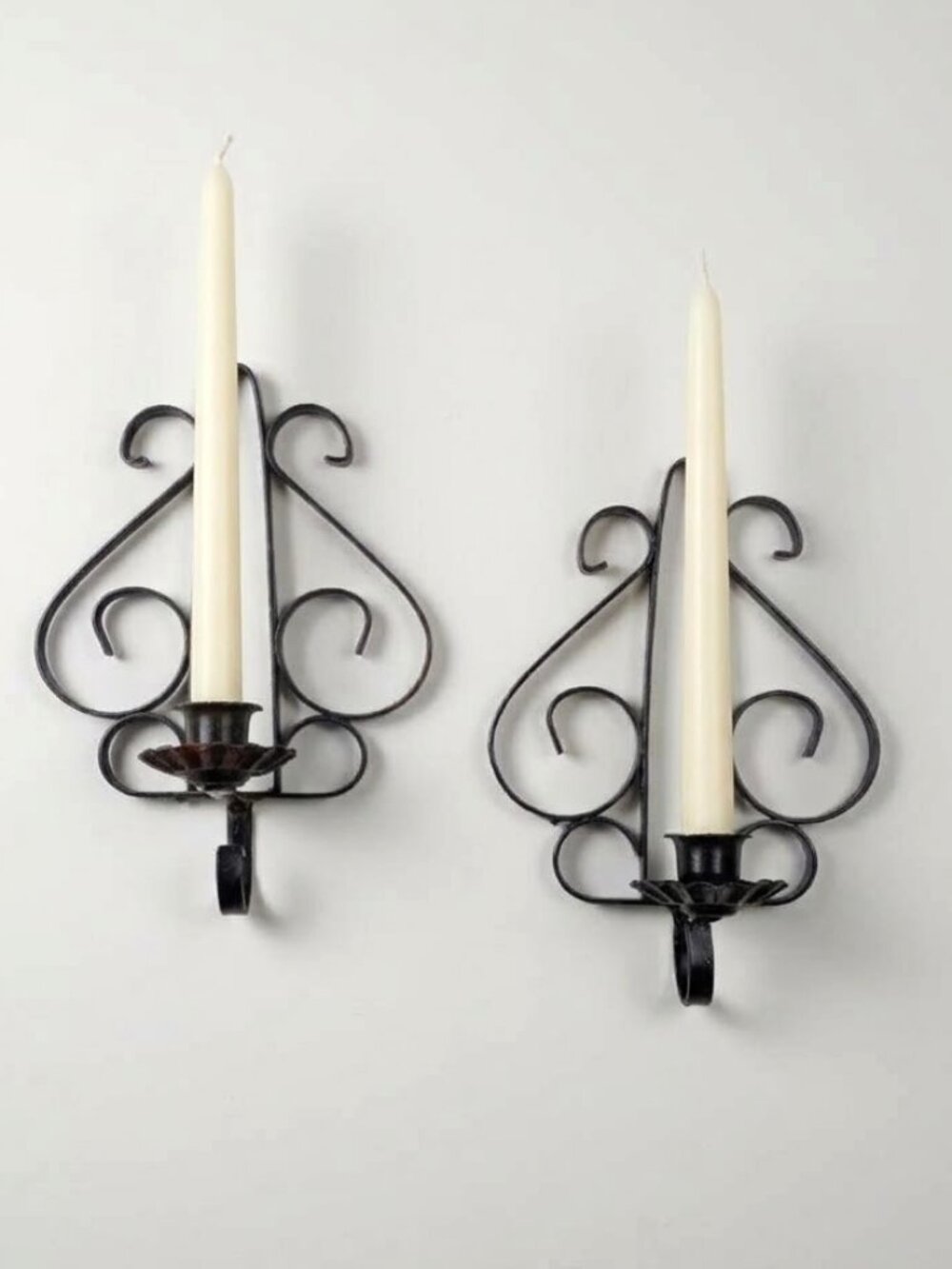 Vintage Black Wrought Iron Wall Sconces Taper Candle Holders Scrollwork Pair 8.5
